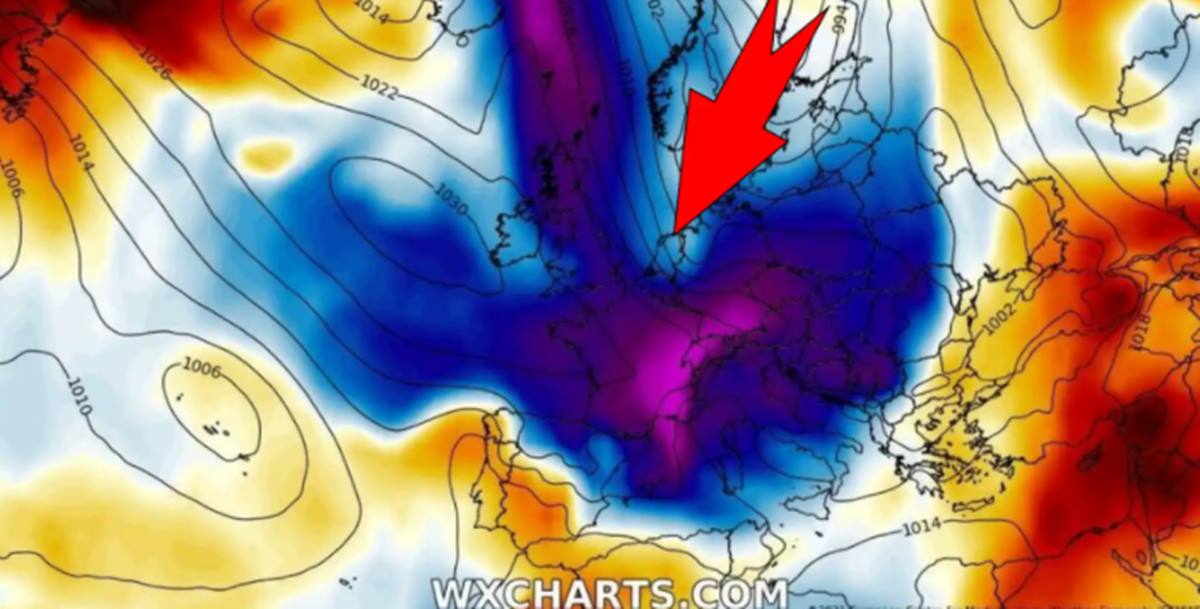 La masa de frío ártico descendiendo hacia Europa central y del sur. Severe-weather.eu.