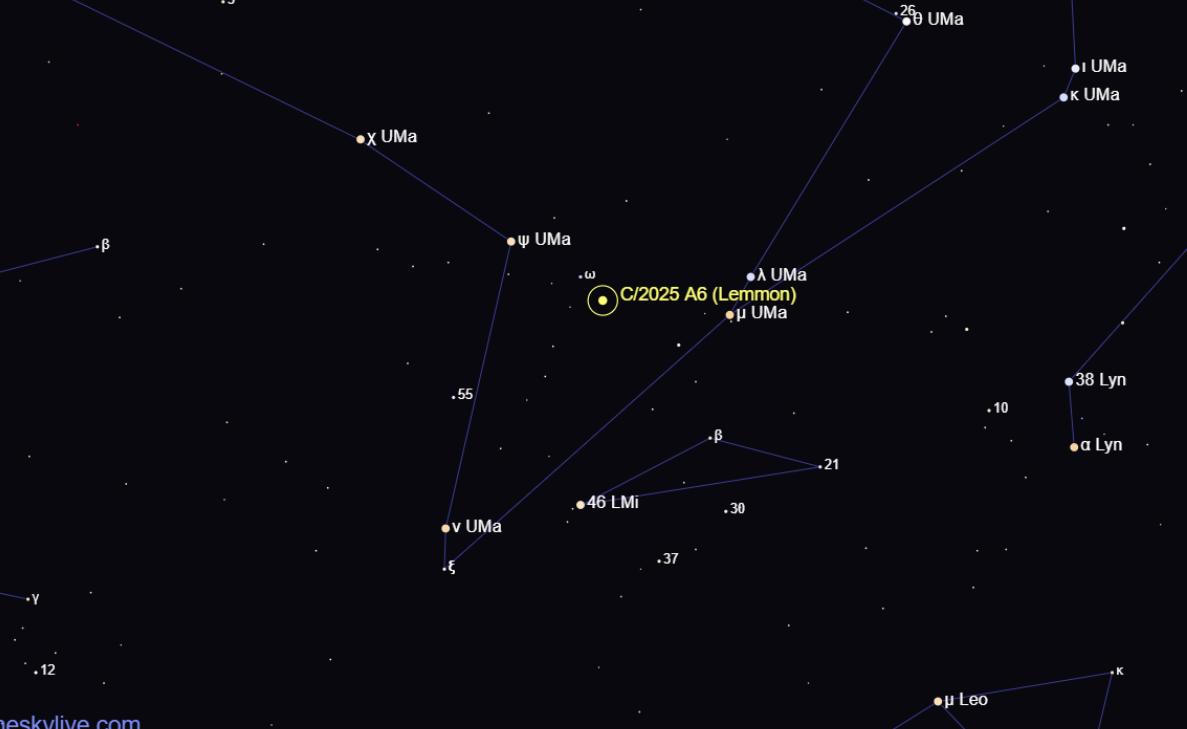 Cartas de búsqueda que muestra la posición del cometa C/2025 A6 (Lemmon) en la constelación de la Ursa Major el 08 de octubre de 2025. Campo de visión: 50x30 grados.