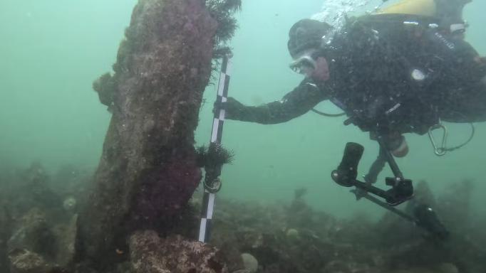 El investigador Philippe Bodénès junto a los arqueólogos cerca de un monolito incrustado en la muralla de Toul ar Fot, frente a la costa de la Île de Sein (Finisterre)
