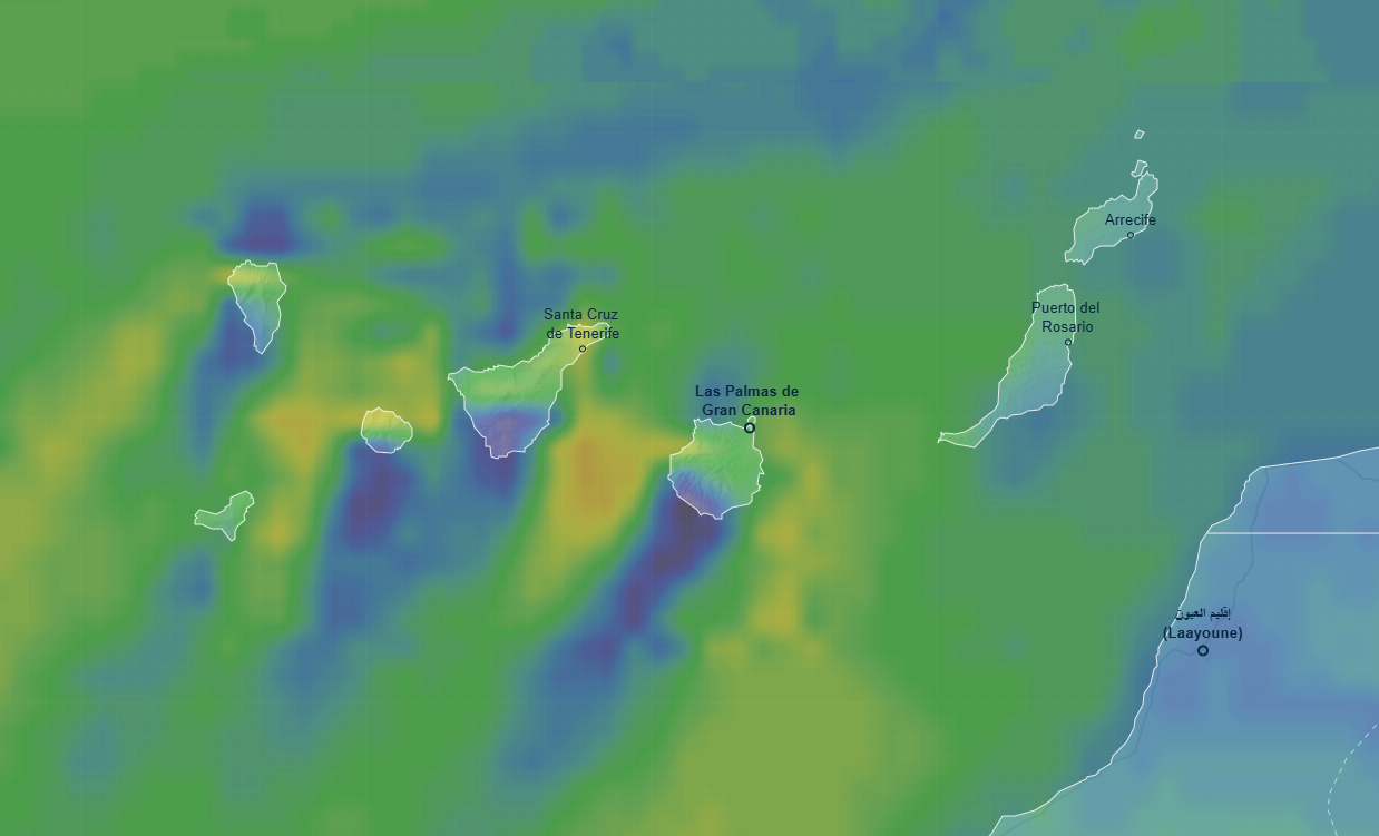 Mapa meteorológico de Canarias con avisos amarillos activados por la AEMET por viento fuerte en varias islas durante el puente de Carnaval.