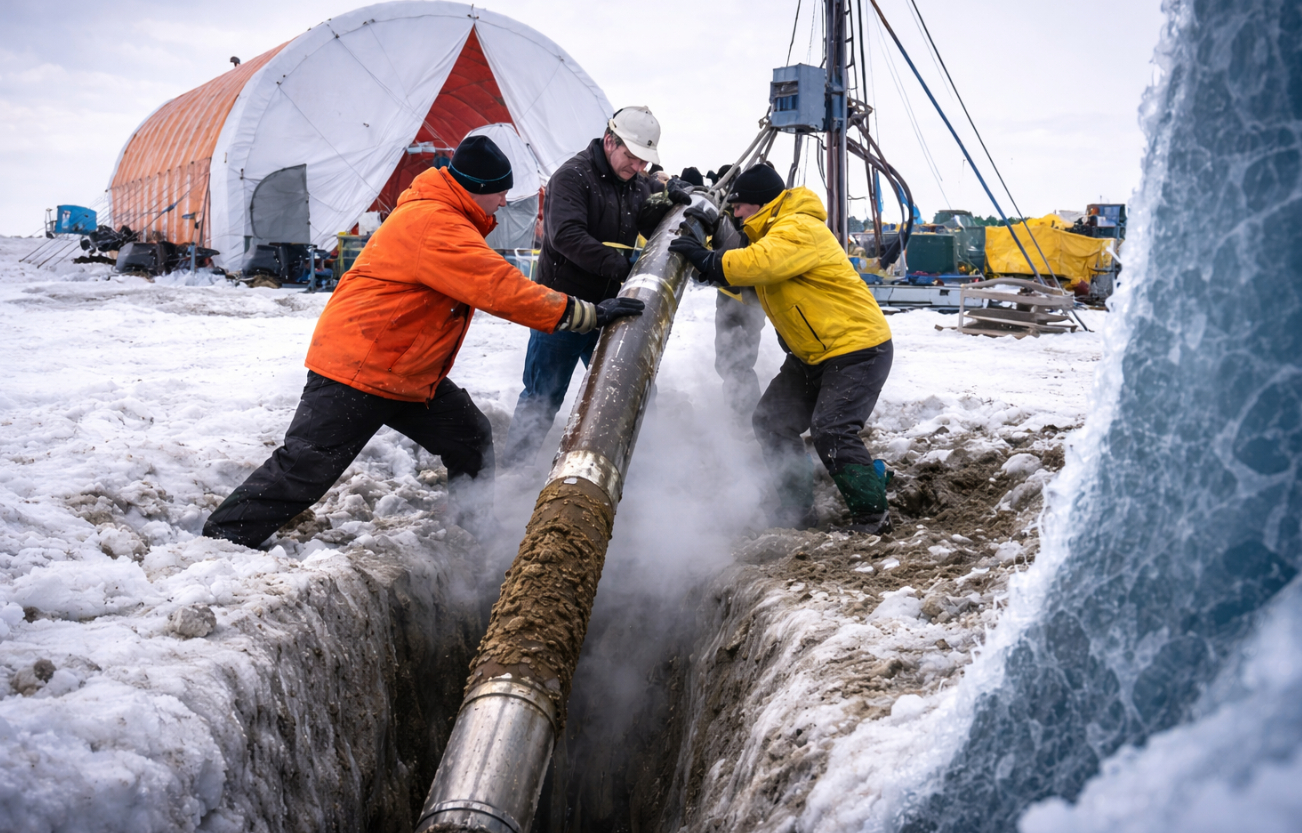 Campamento científico en la Antártida occidental con equipo de perforación sobre el hielo durante la extracción de un núcleo sedimentario profundo de los investigadores