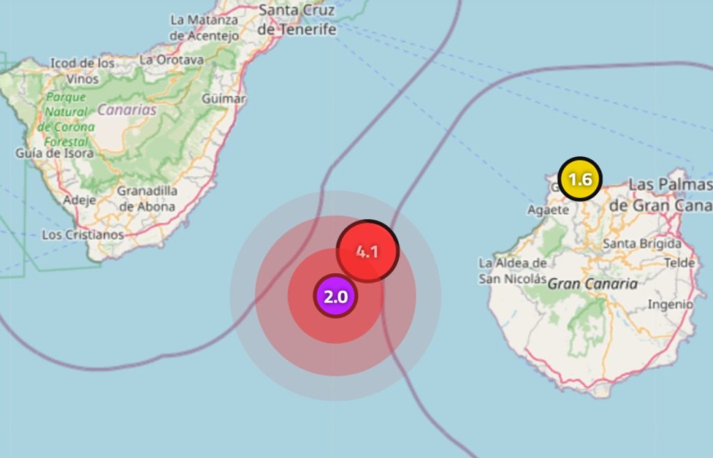Mapa del Volcán de Enmedio en el canal entre Tenerife y Gran Canaria donde se registró el terremoto en Canarias de magnitud 4.1.