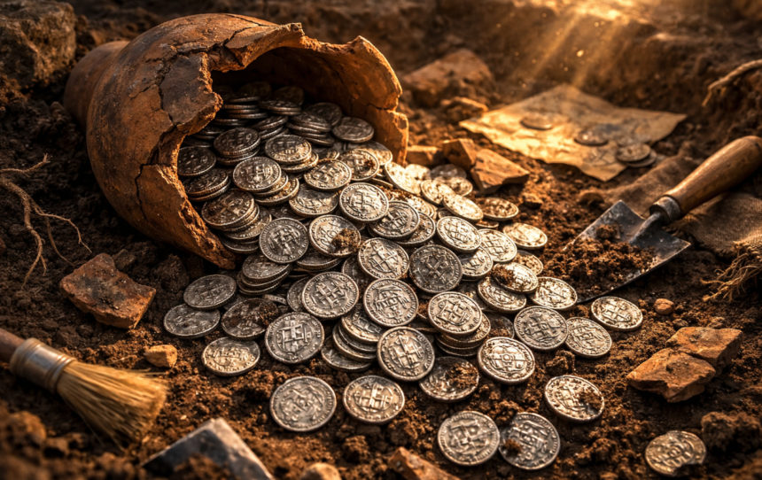 Tesoro medieval compuesto por más de 2.150 monedas de plata halladas en una olla de cerámica en la región de Kutnohorsk, República Checa