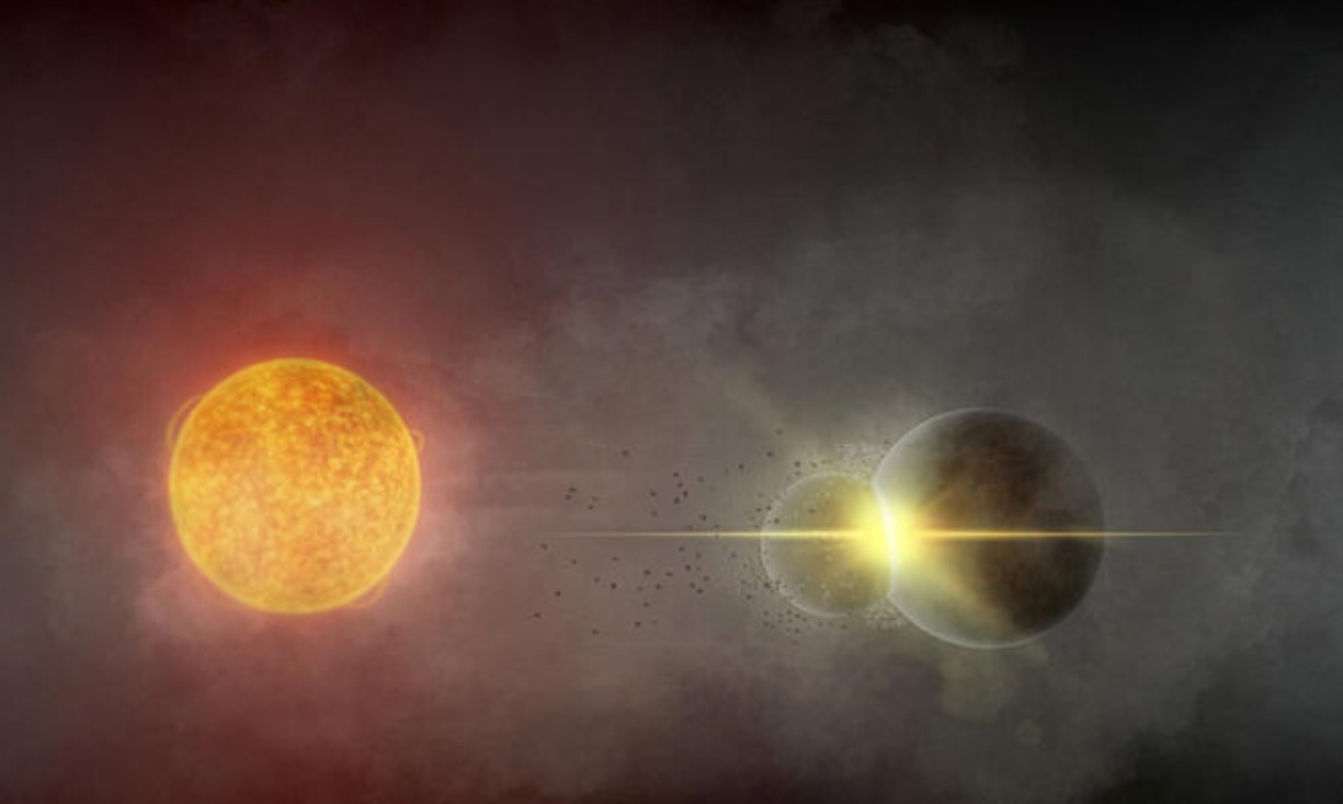 Ilustración de una colisión entre planetas alrededor de una estrella lejana observada por astrónomos mediante telescopios y detectada por variaciones en la luz de la estrella.