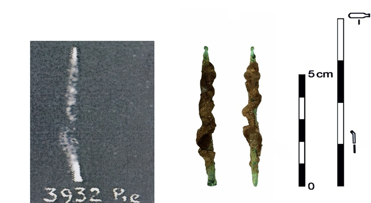 Pequeño taladro de arco de cobre del antiguo Egipto hallado en Badari, analizado por científicos que identificaron desgaste rotatorio y restos de correa de cuero original.