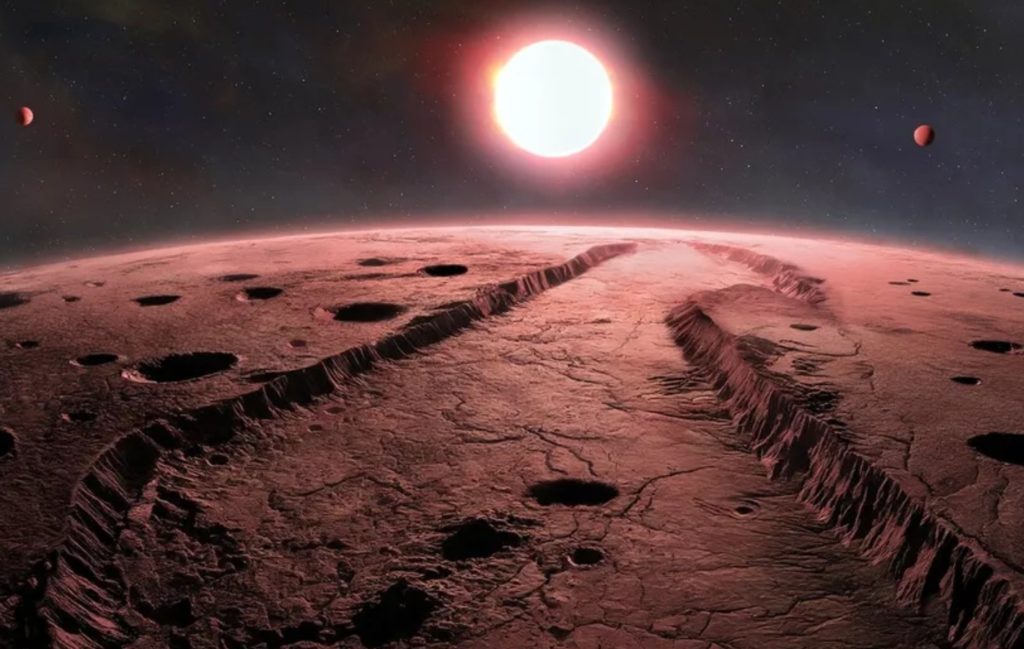 Ilustración artística de varios planetas rocosos orbitando una estrella enana roja cercana con algunos mundos situados en la zona habitable donde podría existir agua líquida.