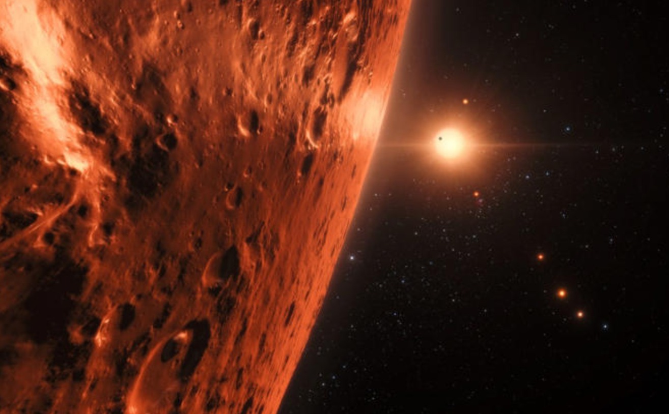 Ilustración artística de varios planetas rocosos orbitando una estrella enana roja cercana con algunos mundos situados en la zona habitable donde podría existir agua líquida.