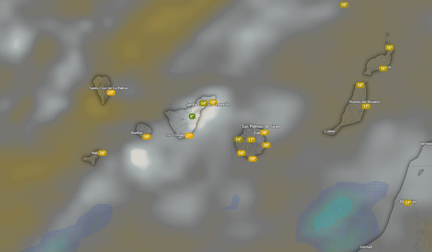 Imagen panorámica de Canarias con cielo parcialmente nuboso, presencia de calima disipándose y viento visible en zonas costeras y montañosas según previsión de la AEMET en Canarias