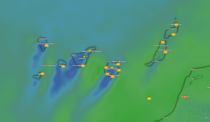 Mapa de Canarias con la previsión de la AEMET para el próximo fin de semana, con nubosidad sobre las islas montañosas occidentales y descenso térmico generalizado a partir del viernes en todo el archipiélago.