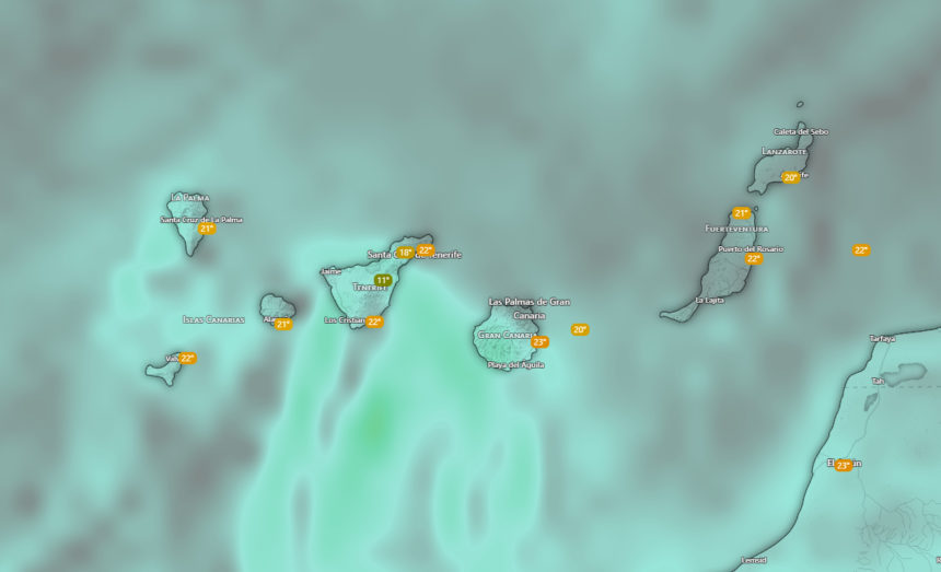 Mapa meteorológico de Canarias con la previsión de la AEMET sobre la llegada de una DANA al archipiélago a partir del jueves, con nubosidad y precipitaciones más probables en las islas montañosas occidentales.