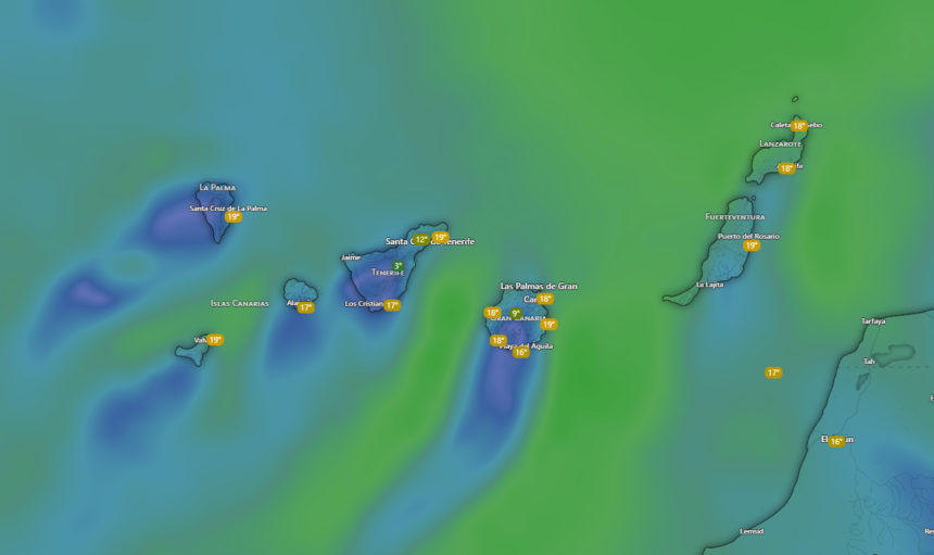 Mapa meteorológico de Canarias con la previsión de la AEMET para este sábado, con intervalos nubosos en las vertientes norte de las islas montañosas y baja probabilidad de lluvias débiles durante la jornada