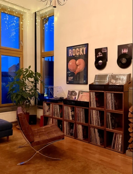 Colección de vinilos y discos de vinilo apilados mostrando portadas de álbumes en tienda de música especializada